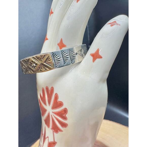 Handmade Vintage Navajo Etched Cuff Bracelet – 14K Gold Fill, Sterling Silver - Picture 2 of 10